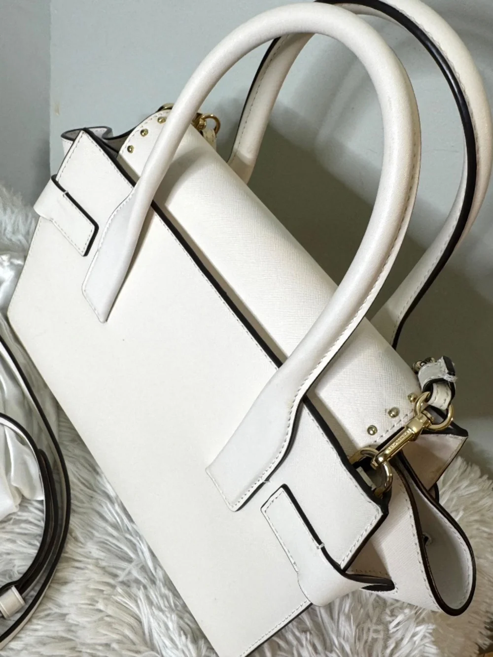 Michael Kors White Leather Studded Satchel Bag w/ Strap & Dust Bag